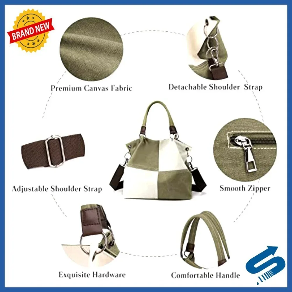 Canvas Tote Bag Crossbody Shoulder Satchel Multi-Pocket Casual Vintage Chic